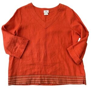 Hot Cotton 100% Linen Top Size L Red Orange Boho Earthy Lagenlook Grandmacore